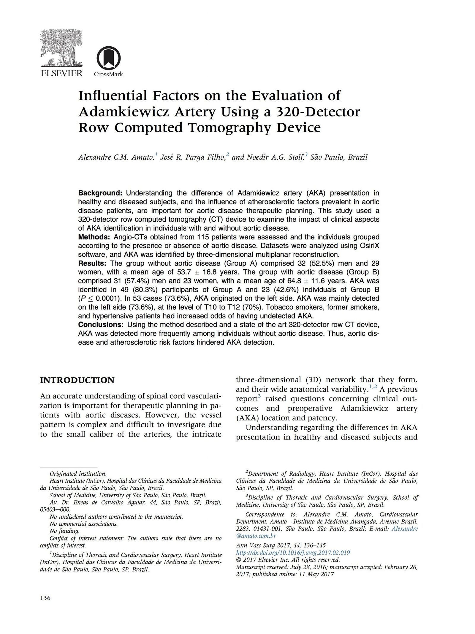 Imagem de Influential factors on the evaluation of Adamkiewicz artery using a 320-detector row computed tomography device