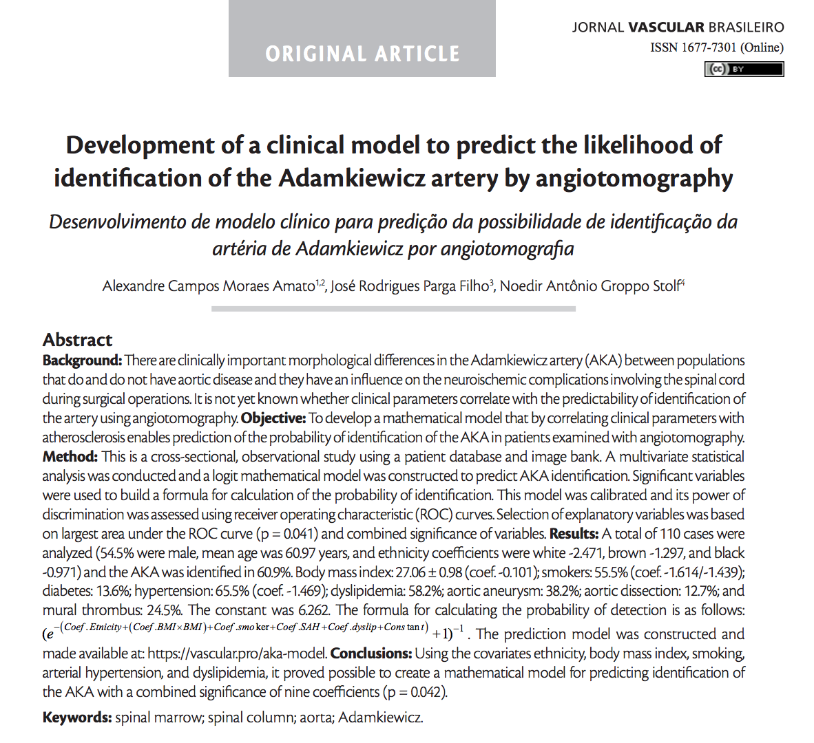 Imagem de Desenvolvimento de modelo clínico para predição da possibilidade de identificação da artéria de Adamkiewicz por angiotomografia