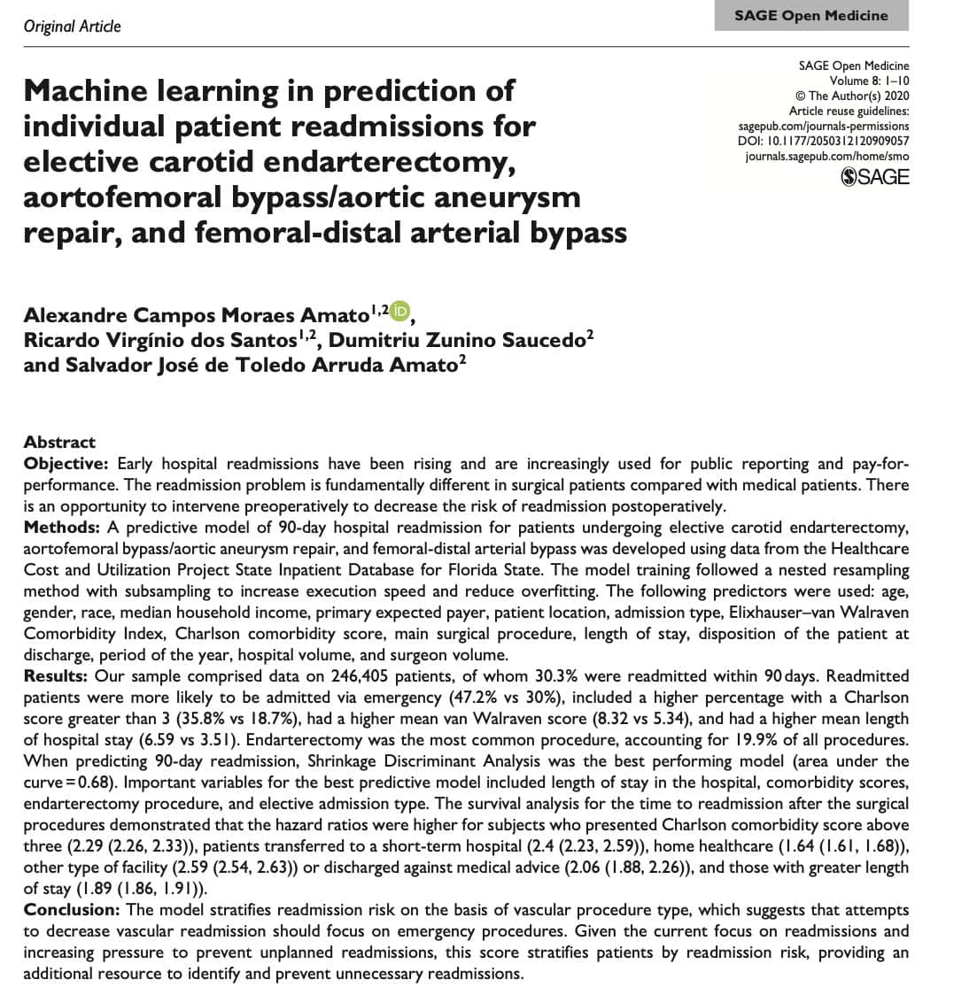 Imagem de Machine learning in prediction of individual patient readmissions for elective carotid endarterectomy, aortofemoral bypass/aortic aneurysm repair, and femoral-distal arterial bypass