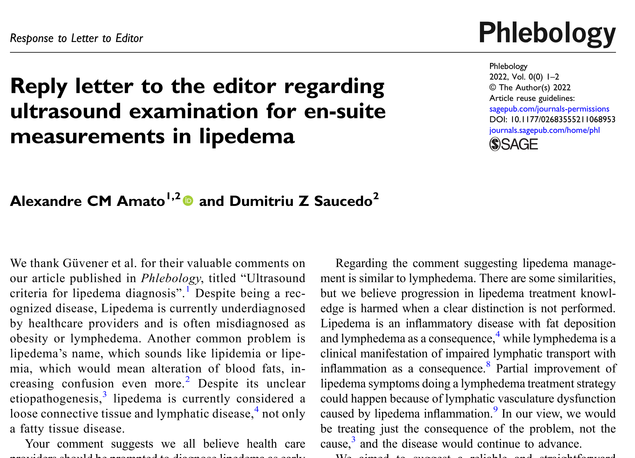 Imagem de Reply letter "ultrasound examination for en-suite measurements in lipedema"